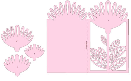 дизайнерський папір або картон рожевого, бузкового та фіолетового кольорів щільністю   160-230 г / м2   тонкий папір блідо-жовтого кольору для вкладиша   тонка біла папір для шаблону   килимок для вирізання   металева лінійка   макетний ніж   двосторонній скотч   клей для паперу   степлер